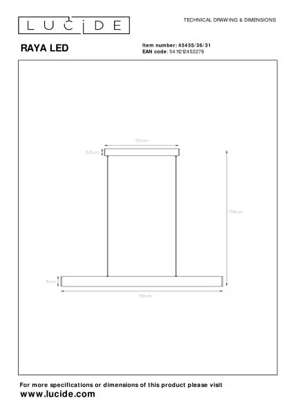 Lucide RAYA LED - Lámpara colgante - LED Regul. - 1x36W 2700K - Blanco - técnico